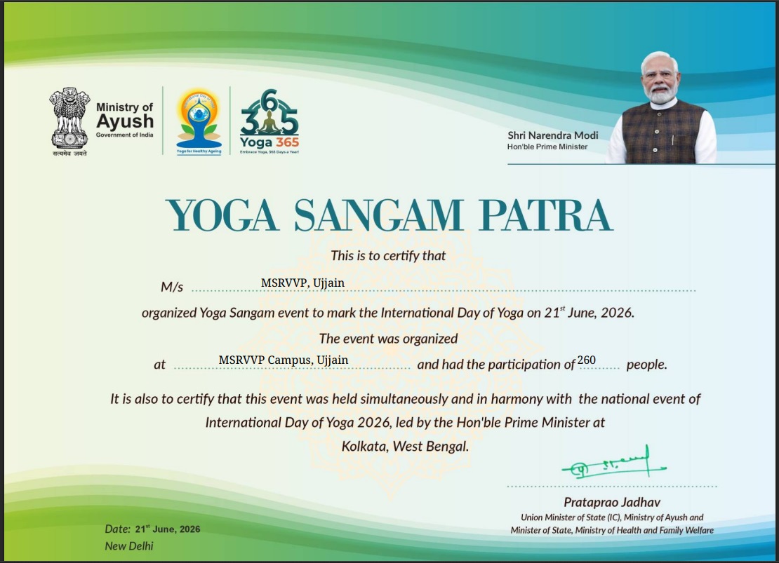 Yoga Sangam Patra certificate recognizing MSRVVP Ujjain for its International Day of Yoga 2026 event